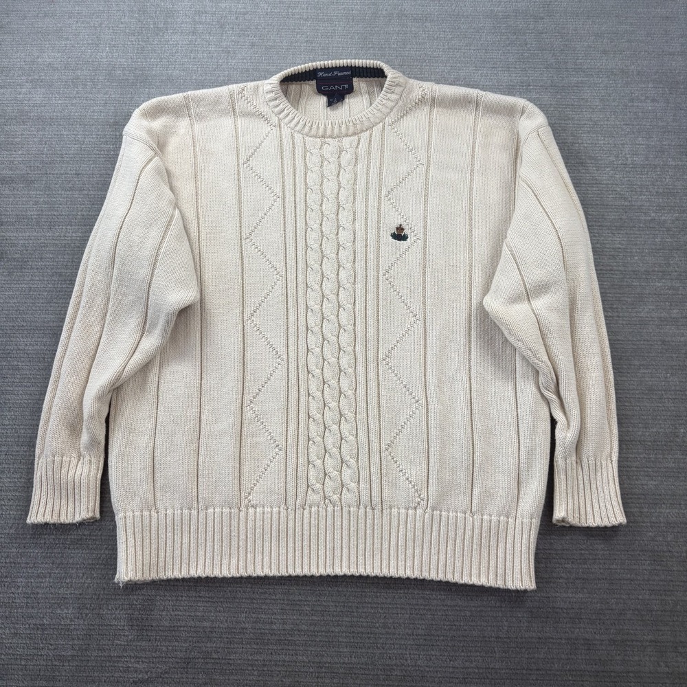 Vintage Gant Sweater Mens L White Hand Framed 100% Cotton Cable Knit Crest 90s